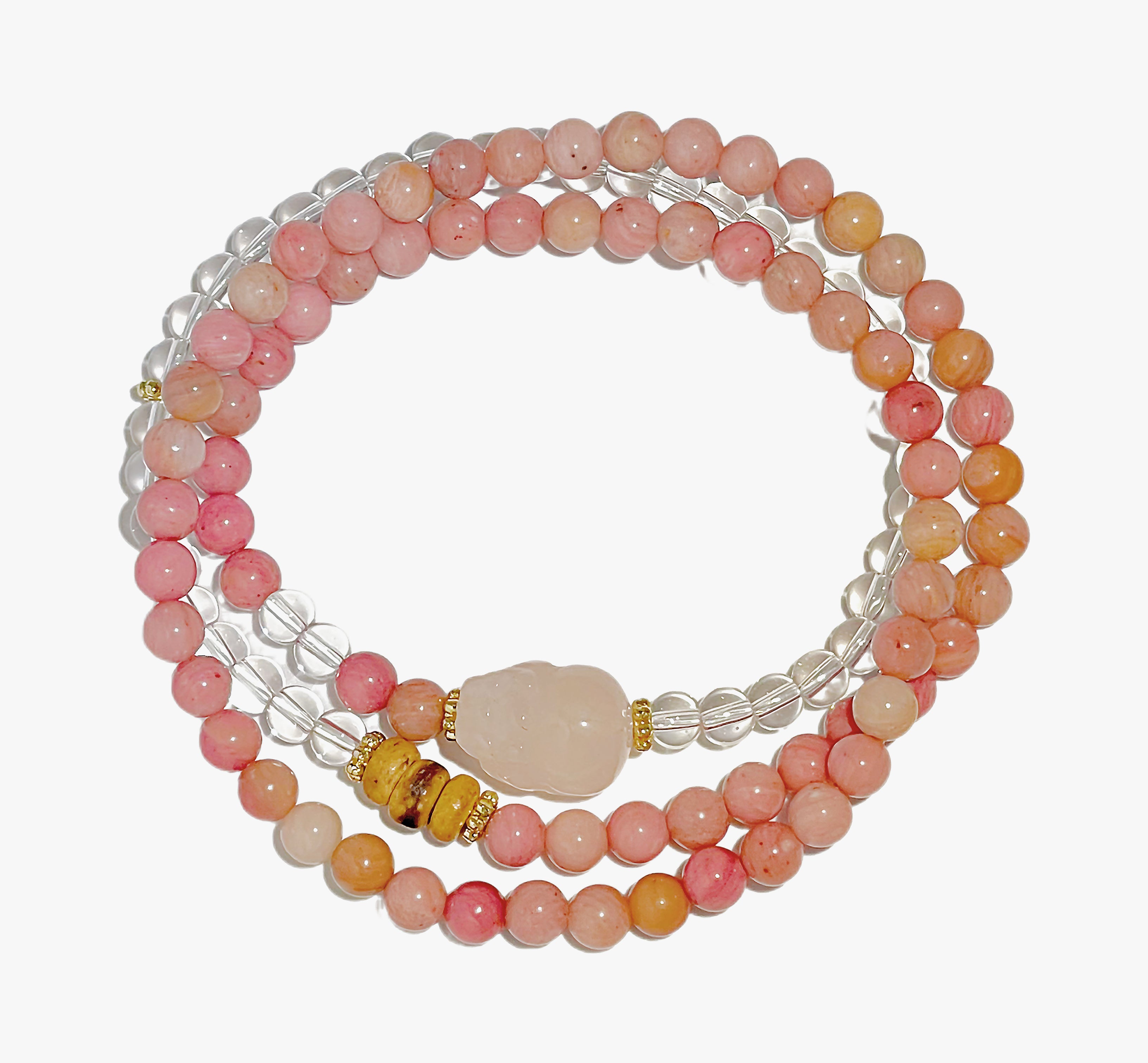 EnergyShine Natural Multi-Strand White Quartz & Pink Rhodonite Pi Xiu Bracelet - EnergyShine