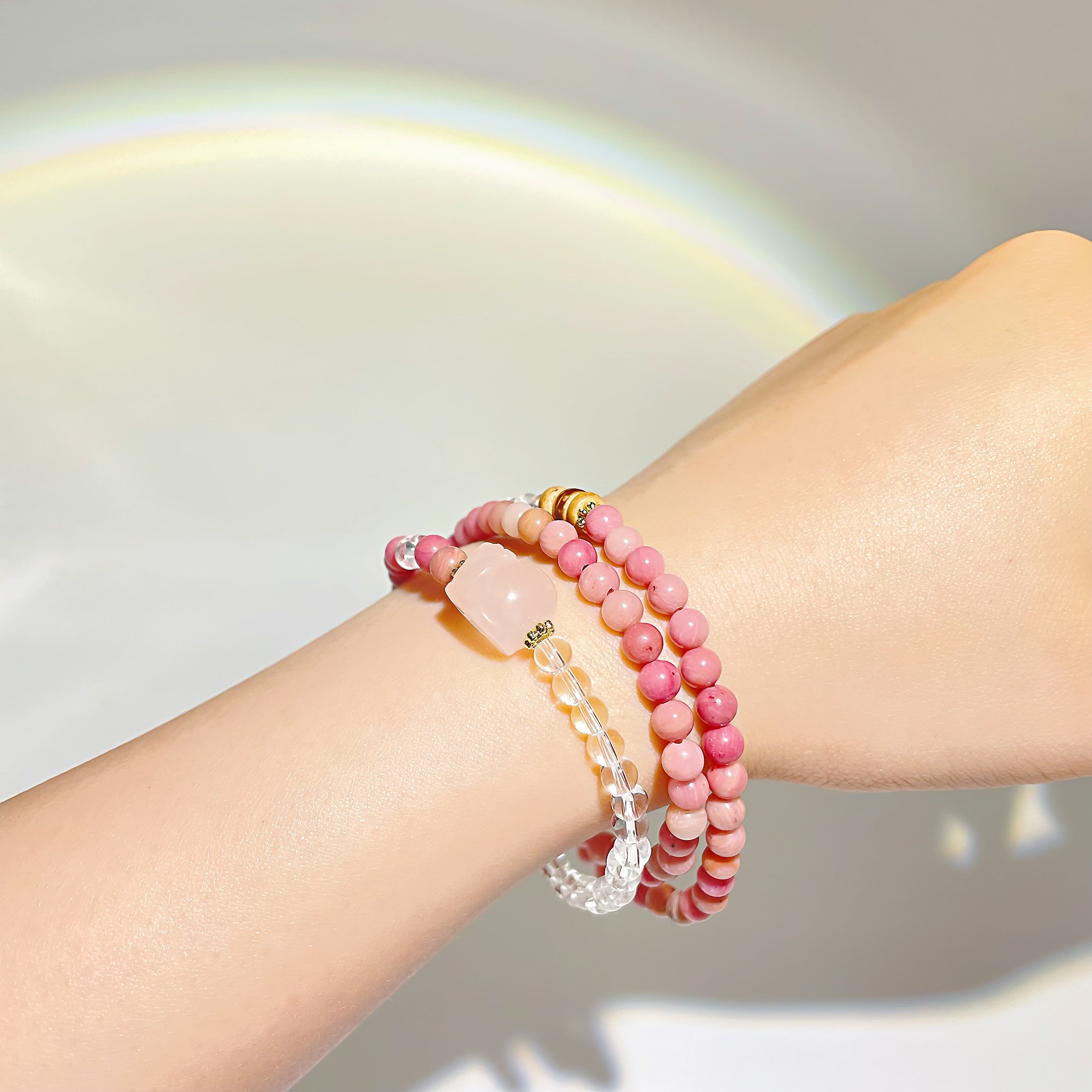 EnergyShine Natural Multi-Strand White Quartz & Pink Rhodonite Pi Xiu Bracelet - EnergyShine