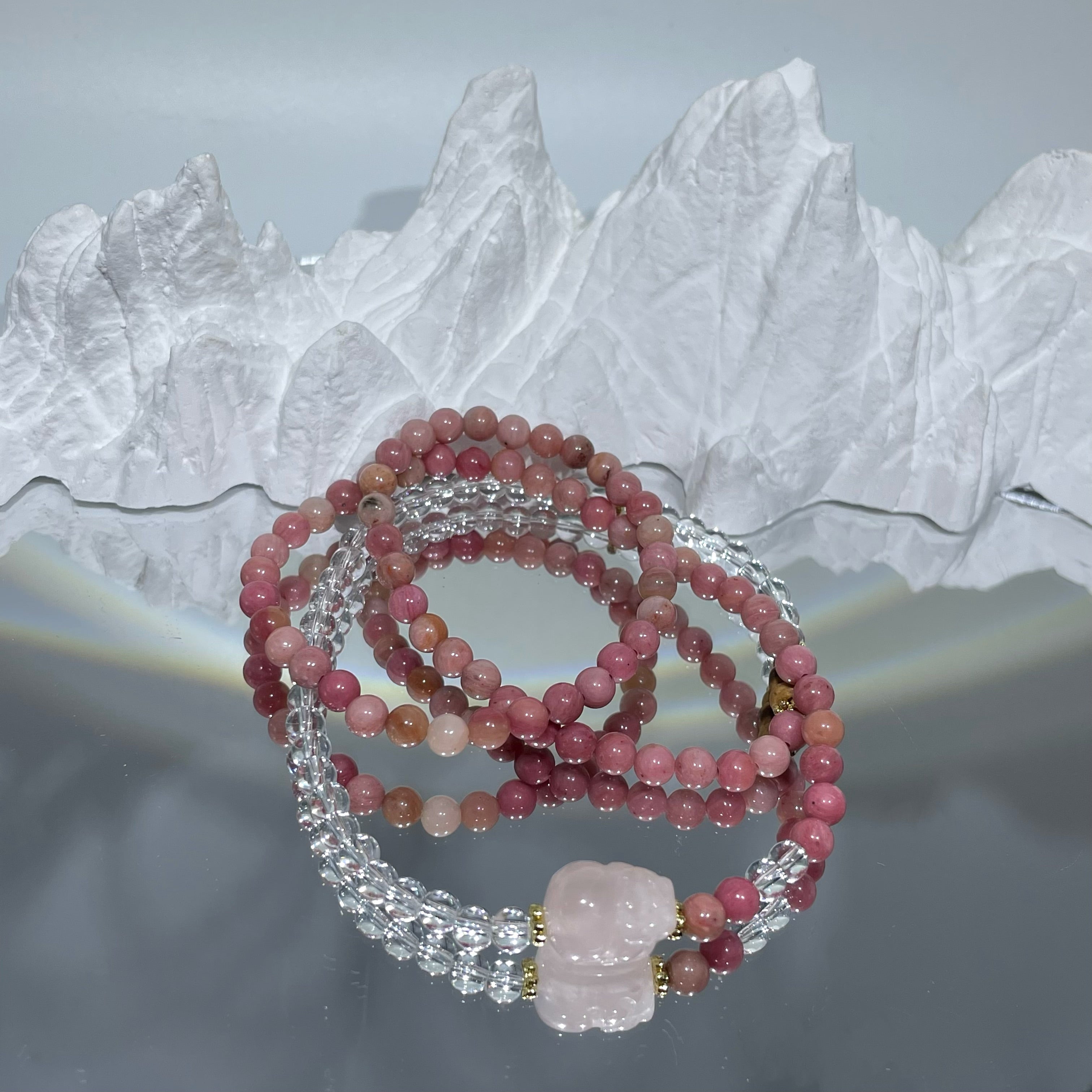 EnergyShine Natural Multi-Strand White Quartz & Pink Rhodonite Pi Xiu Bracelet - EnergyShine