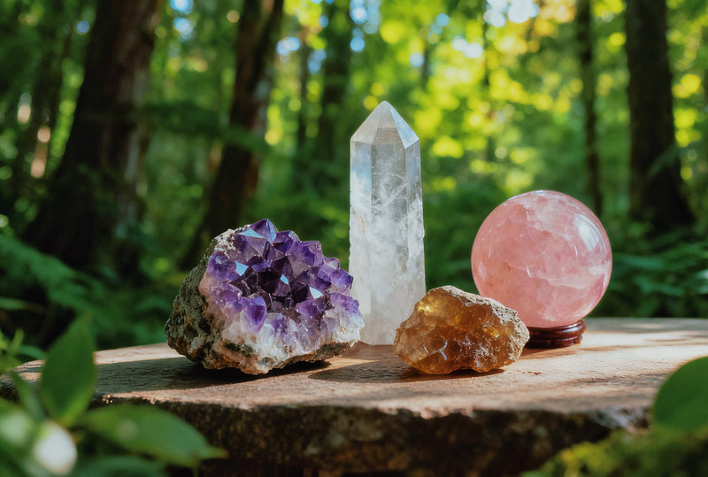 Matte amethyst, rose quartz, smoky quartz & polished white crystal in forest with dappled sunlight