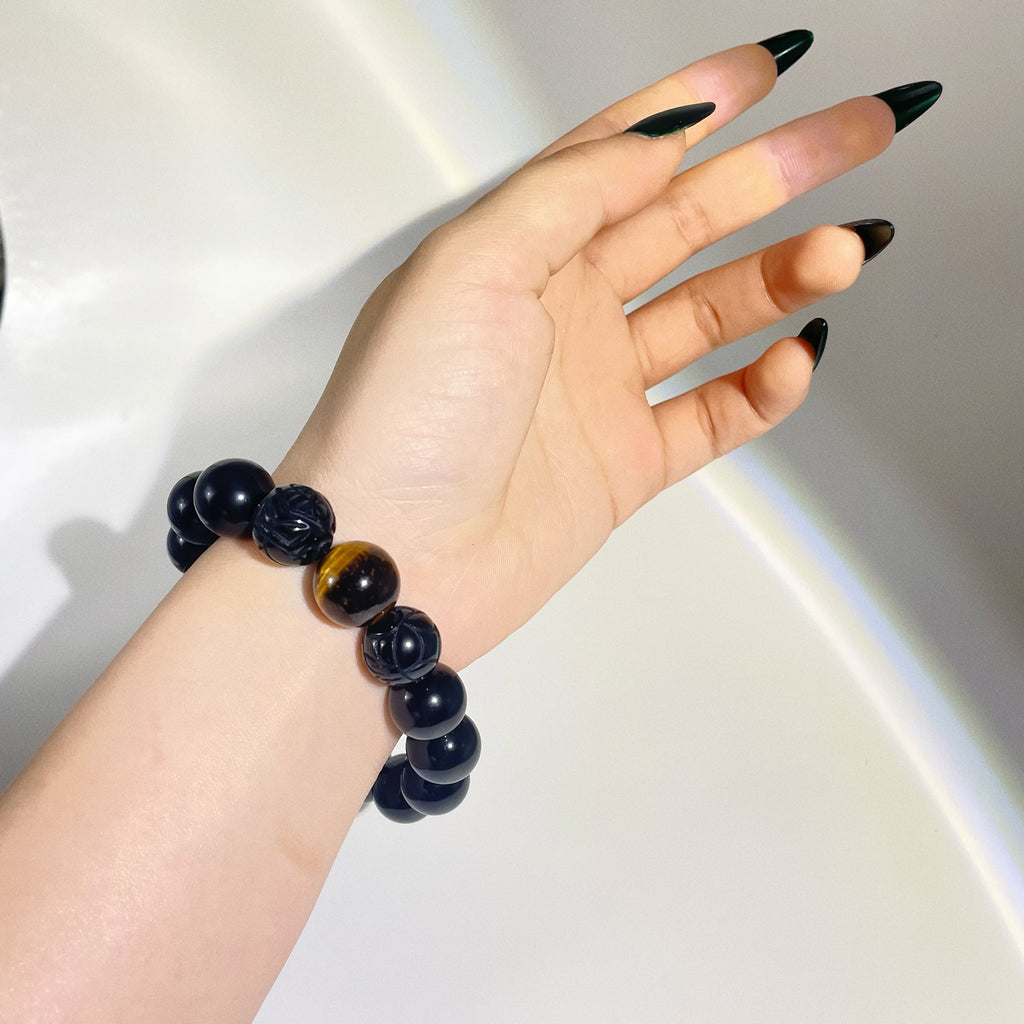 EnergyShine Natural Obsidian Pi Xiu Bracelet with Tiger's Eye | Powerful Aura Cleansing & Fortune Attraction - EnergyShine