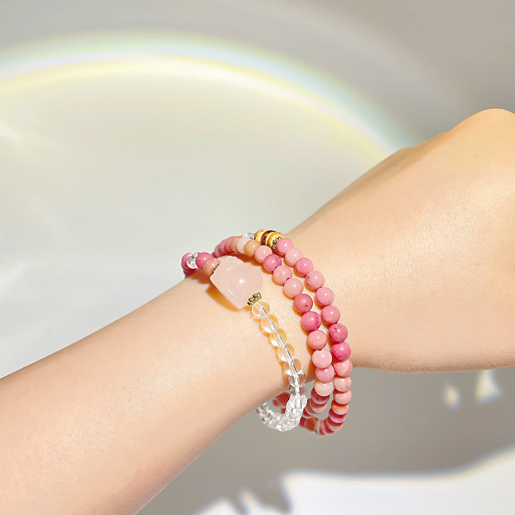 EnergyShine Natural Multi-Strand White Quartz & Pink Rhodonite Pi Xiu Bracelet - EnergyShine