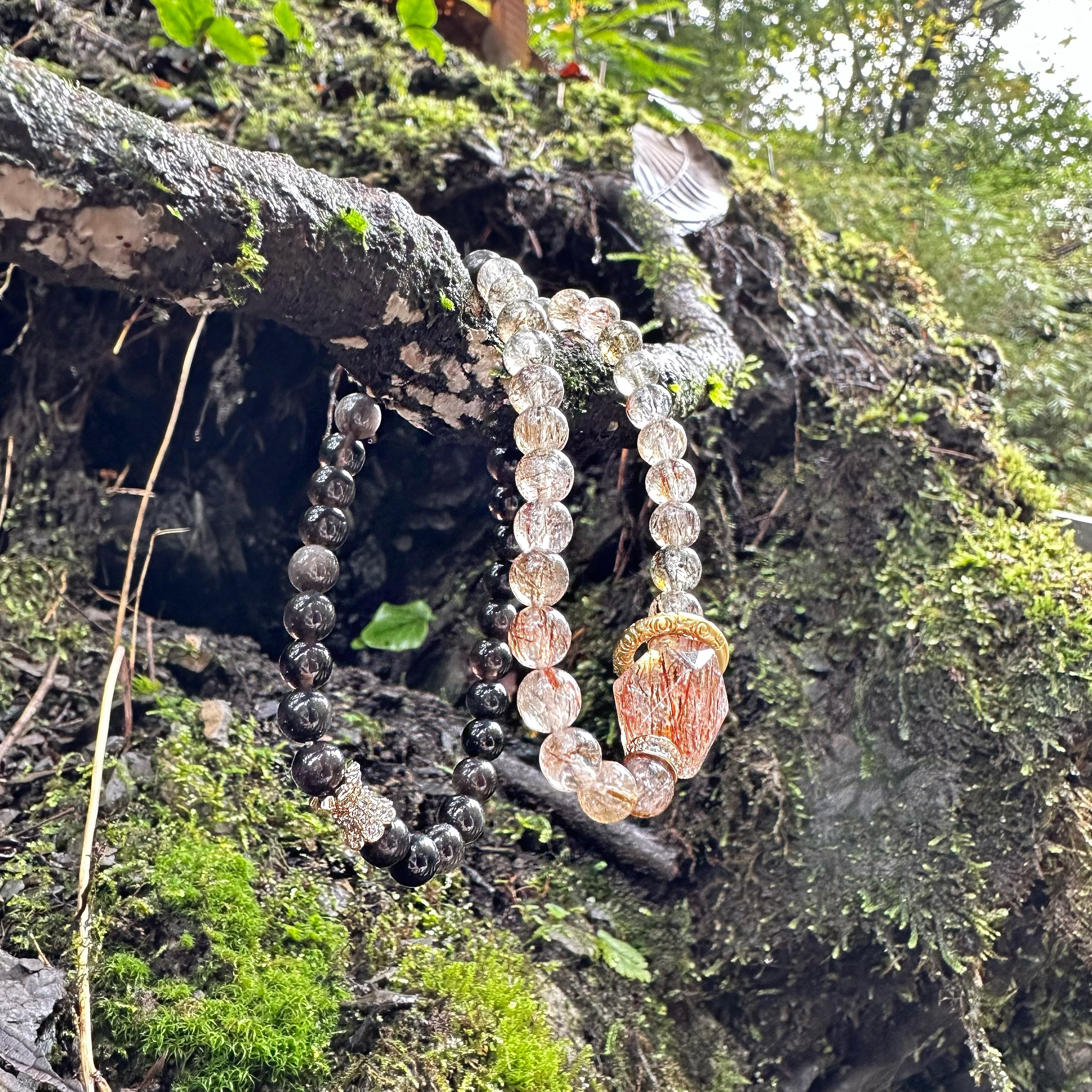 Energyshine Natural Double-Strand Black & Gold Citrine with Silver Sheen Obsidian Bracelet