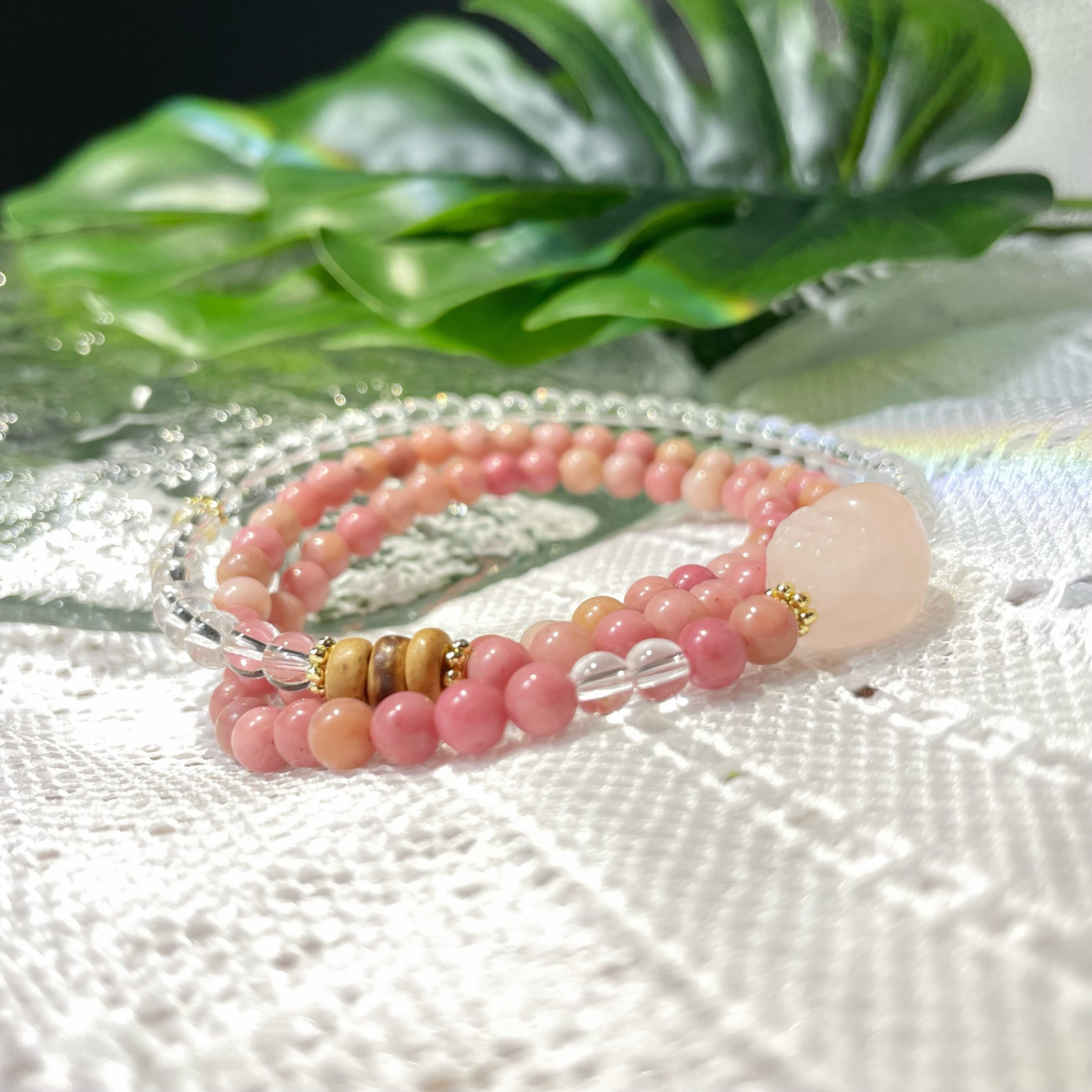 EnergyShine Natural Multi-Strand White Quartz & Pink Rhodonite Pi Xiu Bracelet