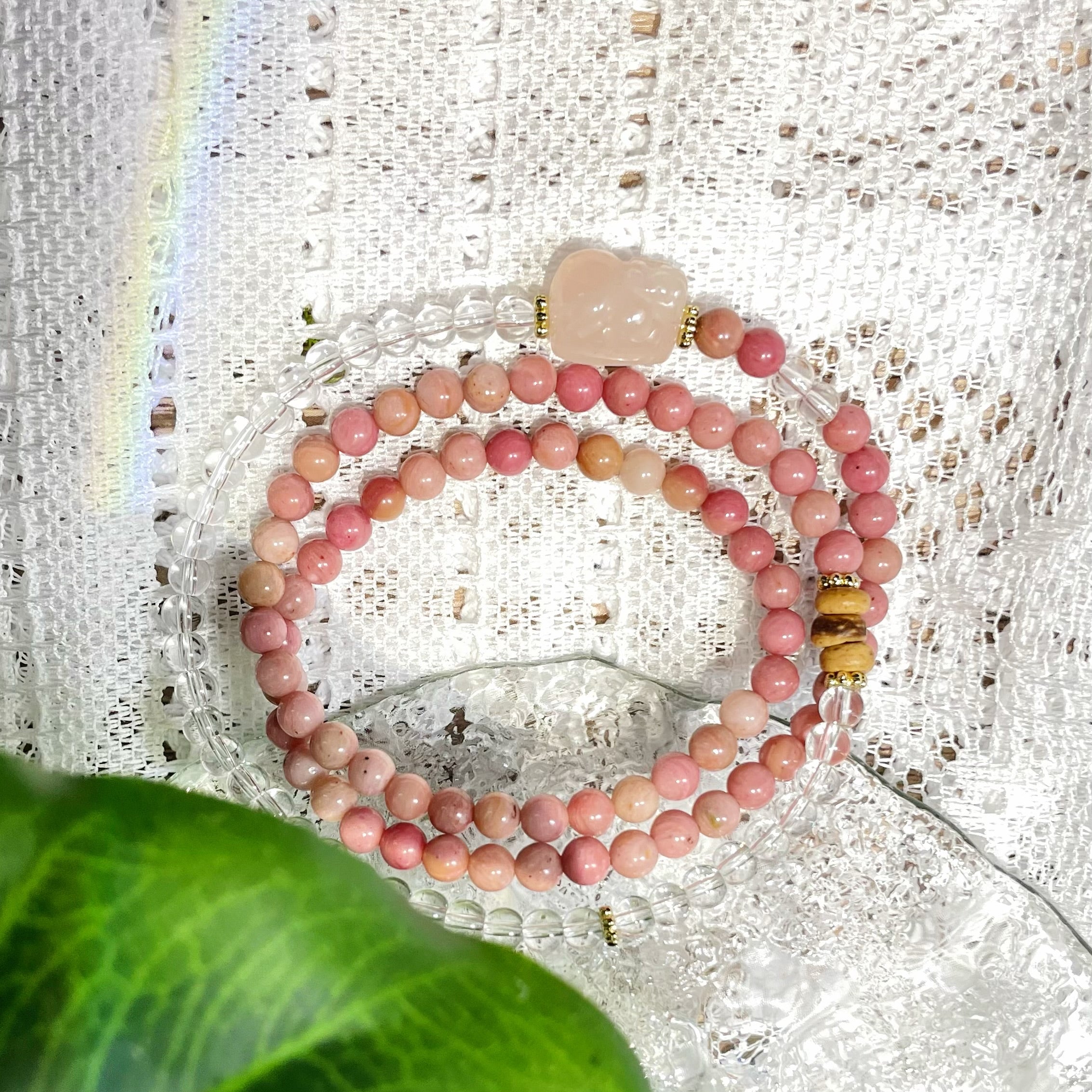 EnergyShine Natural Multi-Strand White Quartz & Pink Rhodonite Pi Xiu Bracelet