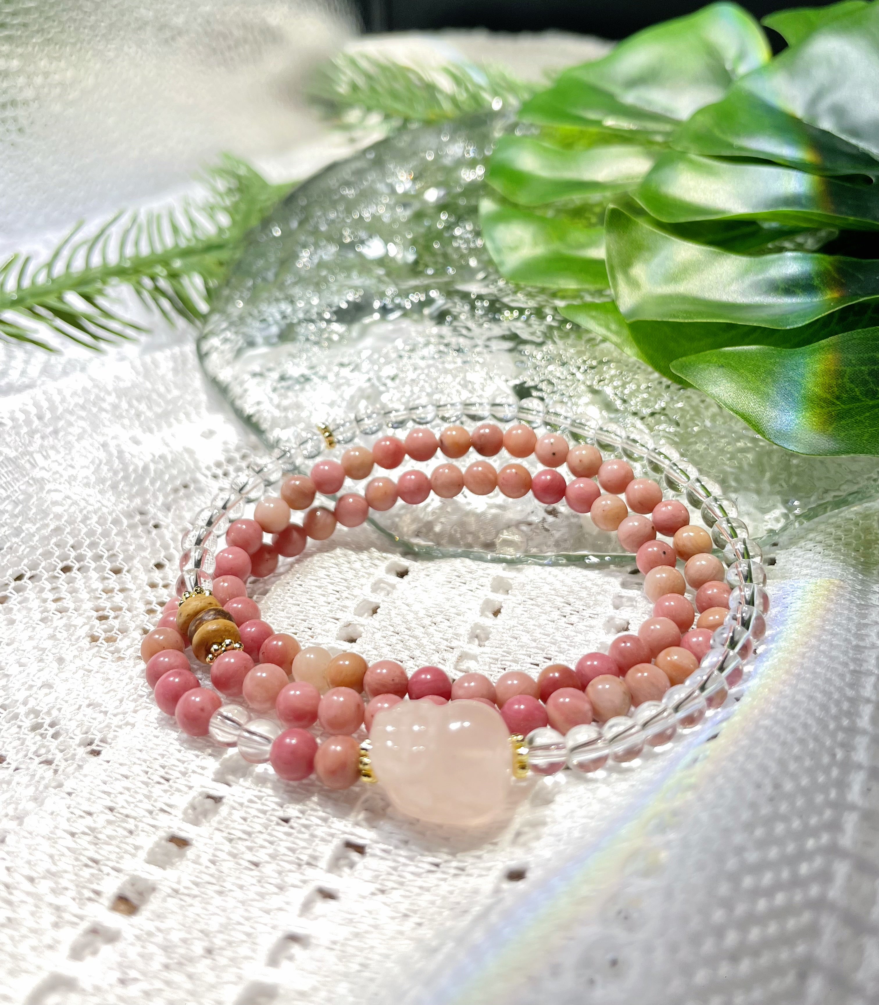 EnergyShine Natural Multi-Strand White Quartz & Pink Rhodonite Pi Xiu Bracelet