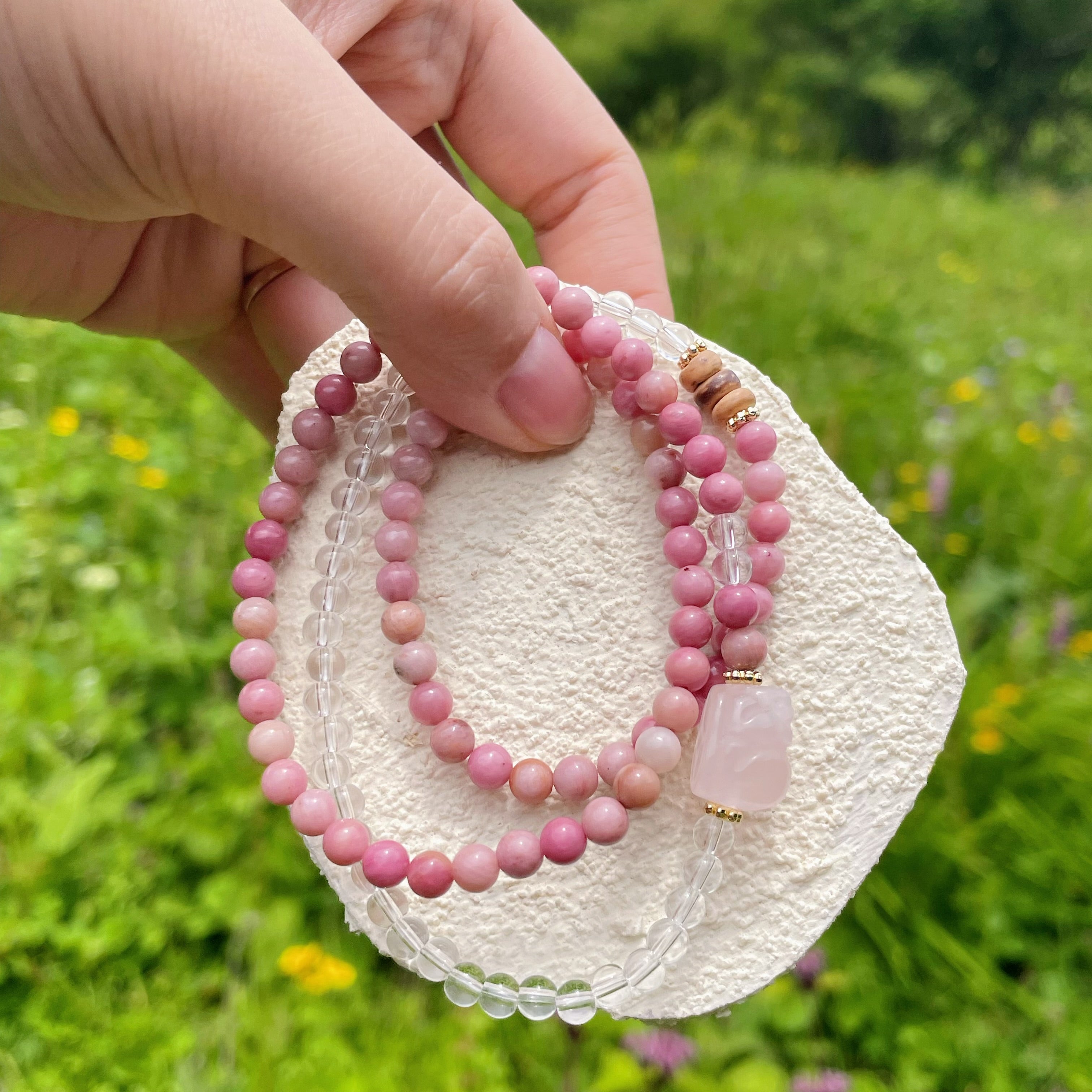 EnergyShine Natural Multi-Strand White Quartz & Pink Rhodonite Pi Xiu Bracelet