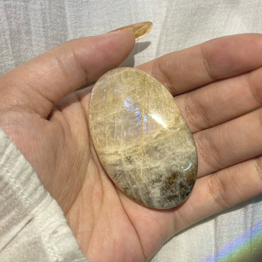 Energyshine Natural Moonstone Palm Stone | Raw Polished with Blue Flash for Therapy & Massage 🌙 - EnergyShine