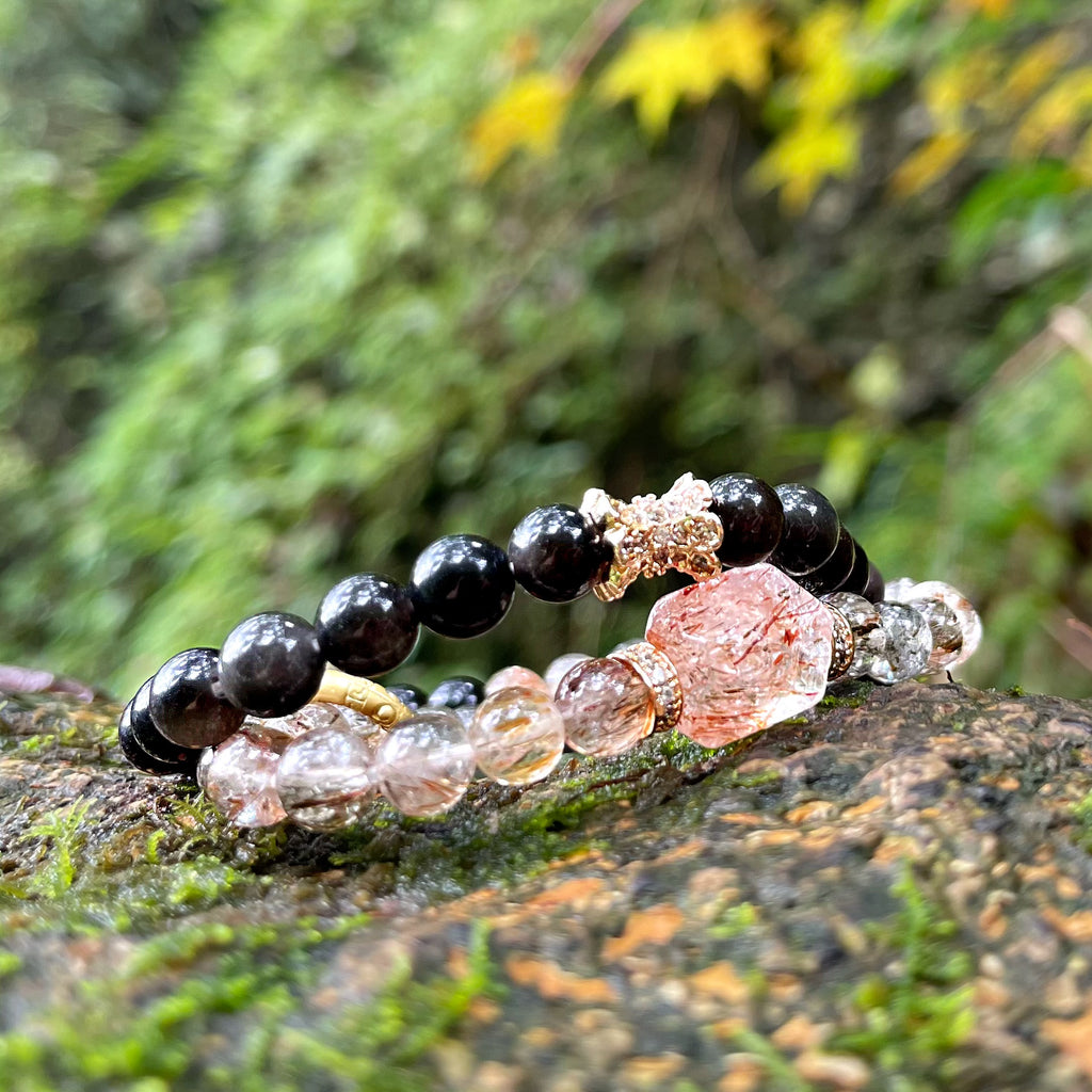 Energyshine Natural Double-Strand Black & Gold Citrine with Silver Sheen Obsidian Bracelet