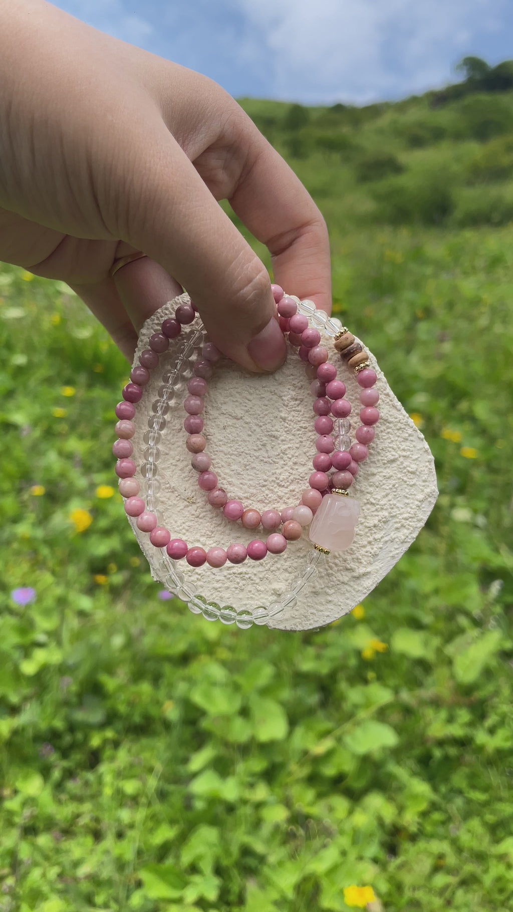 EnergyShine Natural Multi-Strand White Quartz & Pink Rhodonite Pi Xiu Bracelet