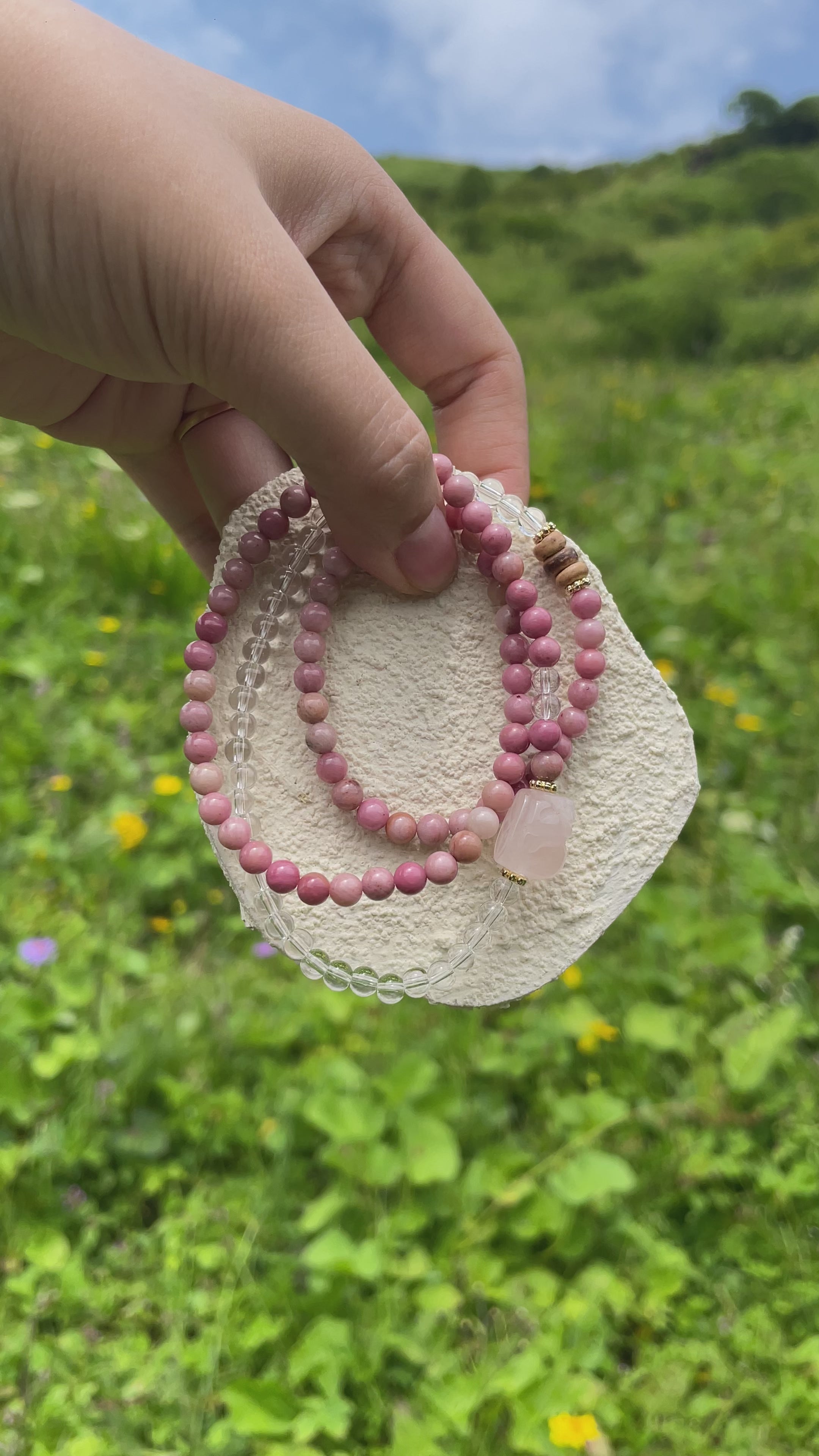 EnergyShine Natural Multi-Strand White Quartz & Pink Rhodonite Pi Xiu Bracelet